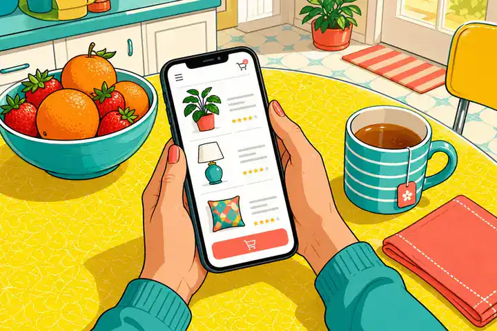 Hands checking a game listing on a phone at a bright kitchen table
