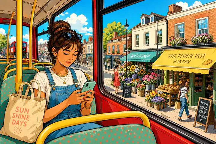 A passenger on a sunny British bus playing a game on a phone