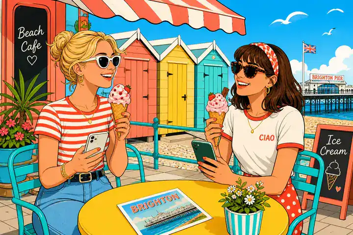 Two friends at a sunny British seaside cafe playing games on their phones
